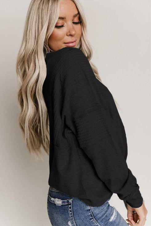 Waffle Patchwork Dolman Sleeve Henley Top